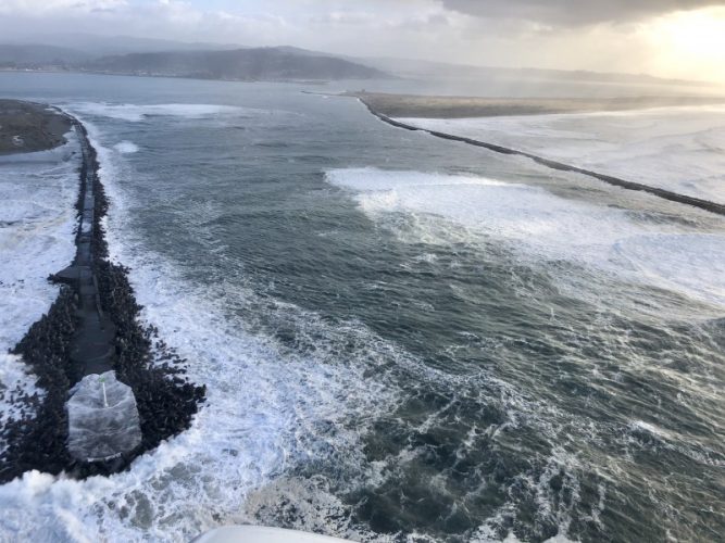 The Humboldt Bar entrance channel (north jetty left, south jetty right) (Photo by Mark Harris)