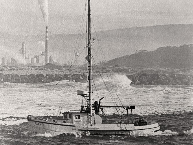 The Dawn crossing the Humboldt Bar, headed out to sea on a rough day (Photo by Shipley)