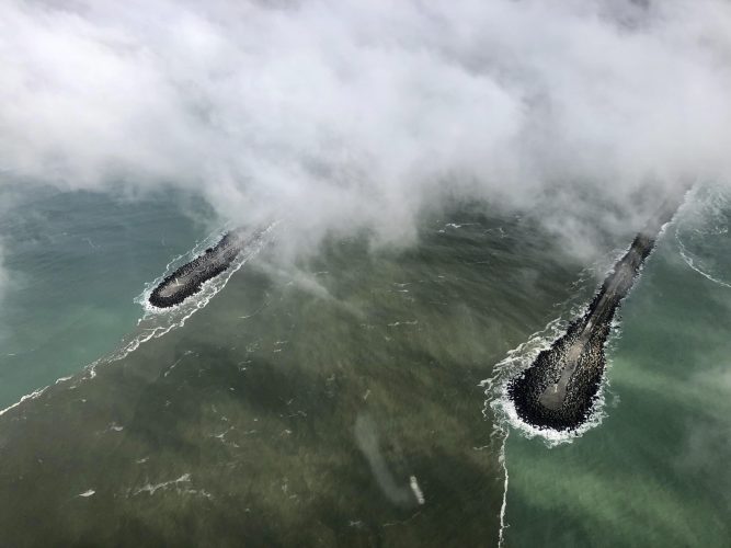 Ebb tidal flow from Humboldt Bay, between the jetties (Photo by Mark Harris)